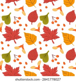 Seamless leaf composition inspired by natural fall foliage, with layered emerald and moss leaves complemented by orange-yellow, cool pink and rich red accents, rendered in a modern flat hand drawn