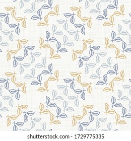 
Seamless leaf damask pattern in french blue linen shabby chic style. Hand drawn country leaves texture. Rustic woven background. Kitchen home decor textile. Simple farmhouse motif all over print.