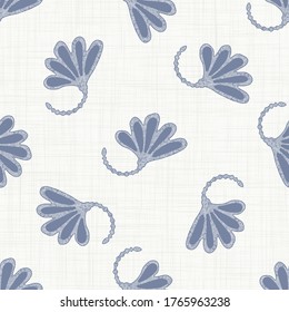 Seamless leaf damask pattern in french blue linen shabby chic style. Hand drawn country leaves texture. Rustic woven background. Kitchen home decor textile. Simple farmhouse motif all over print.