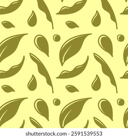Seamless Leaf and Drop Pattern in Olive Green on Light Yellow Background