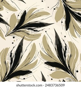 Seamless leaf pattern with abstract hand drawn floral background elements in brown and black