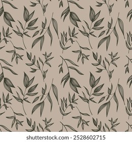 Seamless leaf pattern. An ancient sketch of leaves. A hand drawn illustration.