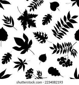 Seamless leaf pattern. Black silhouette of leaves. Pattern of rowan, birch, chestnut, oak, maple leaves. Vector illustration