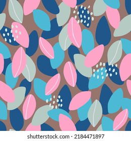 Seamless leaf pattern. Bright vector drawing with pink, blue and gray leaves on brown background for fabric printing, textile design, wallpaper, greeting card.