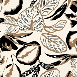 Seamless Leaf Pattern With Brown And Black Colors. Abstract Design Of Leaves And Flowers. Design Of Leaves Made For Textile Or Wallpaper