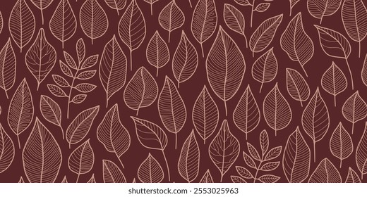 Seamless leaf pattern with fine line art on a rich brown background. Ideal for textiles, wallpapers, gift wrap, branding, digital backgrounds, or eco-friendly product designs.