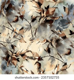 Seamless leaf pattern with floral background in brown, gray and black autumn colors