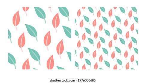 Seamless leaf pattern. Floral organic background. A set of patterns of different sizes. pastel blue and pink color, children's illustration. 