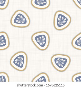 Seamless leaf pattern in french blue linen shabby chic style. Hand drawn floral damask texture. Old white blue background. Interior wallpaper home decor swatch. Ornate flourish motif all over print