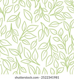 Seamless leaf pattern, green and white seamless repeating tile, hand drawn