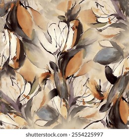 Seamless leaf pattern with hand drawn art abstract autumn leaves and floral background elements in brown, grey and black colors