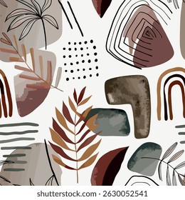 Padrão de folha sem costura com arte desenhada à mão abstrata pincel colagem elementos de fundo isolados em cores marrons