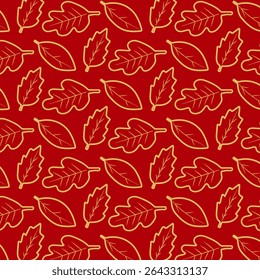 Seamless leaf pattern with hand drawn golden leaves on a rich red background. Autumn and nature inspired design for fabric, wallpaper, and decor.