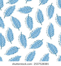 Seamless leaf pattern with indigo blue theme Hand drawn leaves vector illustration. Palm Tree, Exotic Tropical Jungle. Tropical Leaf Monstera Plant used for textiles, wallpapers, texture background