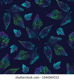 seamless leaf pattern with multicolored gradient. turquoise, blue, purple on a dark blue background. the cold color palette. vector illustration. EPS 10.