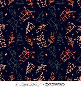 Seamless leaf pattern. An old sketch of leaves on a dark background. A hand-drawn illustration.