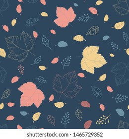 seamless leaf pattern on blue background, made by hand