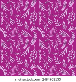 Seamless leaf pattern on purple background. Cute flower design for card, wallpaper, fabric, textile, fashion, flyer, banner, cover, and more.