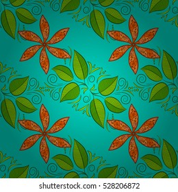 Seamless leaf pattern with orange flowers. Vector.