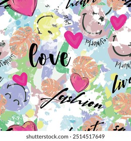Seamless leaf pattern with pink, yellow, orange, blue, green and black colored text and hand lettering design, smiley emoji and heart background elements