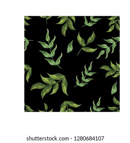 seamless leaf pattern with realistic style on solid black background, green leaves natural wallpaper, 3d effect with gradation shadow