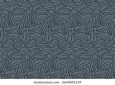 Seamless leaf pattern with simple line art style on dark grey background for elegant nature design