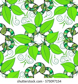 Seamless leaf pattern with stripe doodles. vector illustration texture.