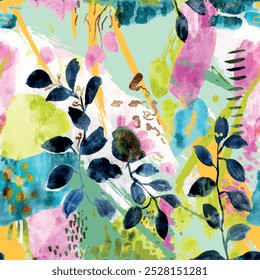 Seamless leaf pattern with yellow, pink, green and black colored hand drawn art abstract brush collage floral background elements