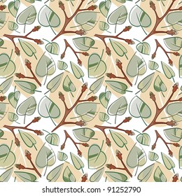 Seamless leaf pattern-branches with young leaves, drawing stylized retro style