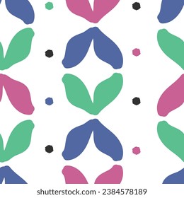 Seamless leaf print pattern in green, pink, blue, and white background. Vector illustration. Great for fashion, cafe, restaurant, and kitchen design projects and surface pattern design. 