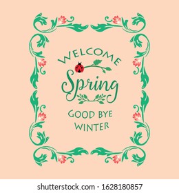 Seamless leaf and red flower frame design, for cute welcome spring greeting card design. Vector