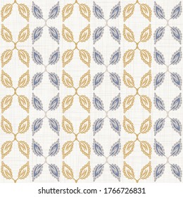 Seamless leaf stripe pattern. French blue linen shabby chic style. Hand drawn floral damask texture background. Farmhouse style wallpaper home decor swatch. Foliage motif all over print