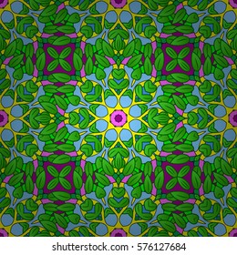 Seamless leafs green pattern, vector. Pink. Radial gradient shape.