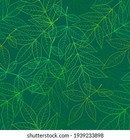 Seamless leafy background in green colors. Beautiful spring pattern with the image of the contours of the leaves. For printing on textiles, wallpaper, wrapping paper, postcards, banners, posters, etc.