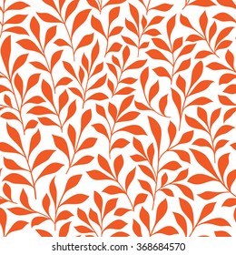 Seamless leafy branches pattern with bright orange leaves of wild herbs on white background. Use as fabric, wallpaper ornament or interior accessories design