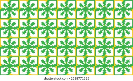 Seamless leafy pattern featuring vibrant green leaves framed by yellow squares, evoking a lively, natural, and refreshing atmosphere. Perfect for eco-friendly designs, wallpapers, and textile prints