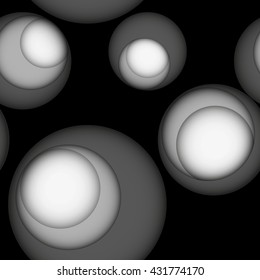 Seamless leaky perforated plate in monochromatic colors with gaps or holes to another layer with shadows. Black seamless background with holes to grey and white layer.