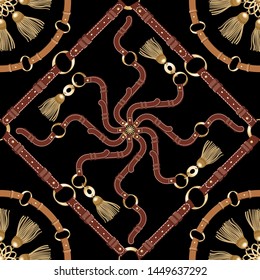 Seamless with leather belts ,gold metallic tassels, chains and braids for fabric design. Abstract fashion pattern illustration on black background. Idea for material, scarf, headscarf, foulard .  