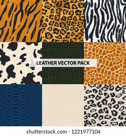 Seamless leather, fur textures pattern set. Luxury leather textures - print background. Animal safari skin. Vector illustration. Design element for your projects, fabrics, prints, wallpaper, wrapping