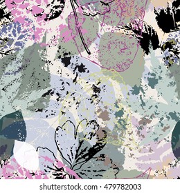 seamless leaves background pattern, with strokes and splashes