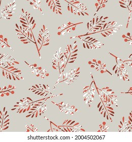 Seamless leaves and berries texture pattern. Autumn leaf pattern on grey background. Abstract geometric texture leaf background.