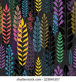 Seamless leaves and branches colorful pattern - black back.