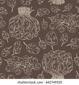 Seamless with leaves and bunch of spinach. Hand drawn.