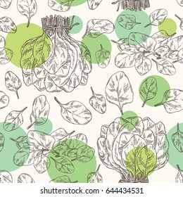 Seamless leaves and bunch of spinach. Vector hand drawn illustration