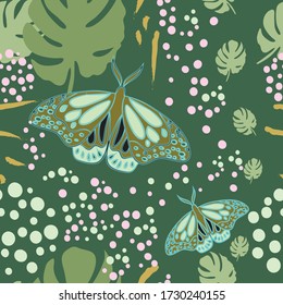 Seamless leaves and butterfly pattern design. Can use for print, template, fabric, presentation, textile, banner, poster, wallpaper, poster