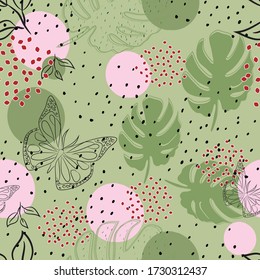 Nahtlose Blätter und Schmetterlingsmuster. Kann für Druck, Vorlage, Stoff, Präsentation, Textil, Banner, Poster, Tapete, Poster