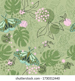 Seamless leaves and butterfly pattern design. Can use for print, template, fabric, presentation, textile, banner, poster, wallpaper, poster