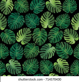 Seamless leaves dark tropical pattern with exotic plants. vector tropical pattern with green monstera palm leaves.