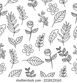 Seamless leaves doodle pattern with a black and white design suitable for background or wallpaper