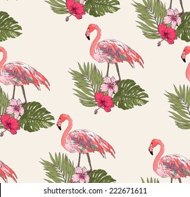 seamless leaves with flamingo vector patterns